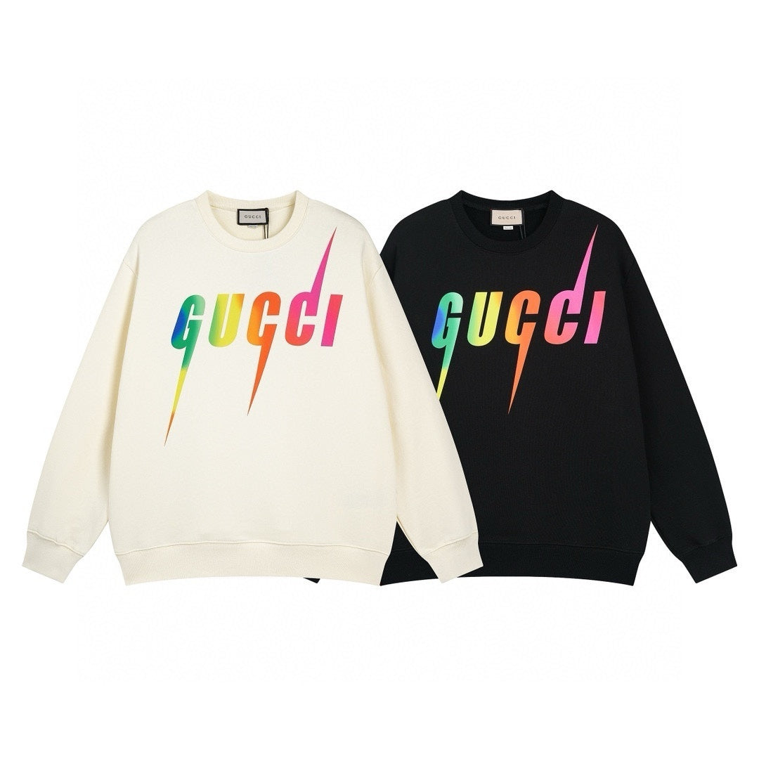 Two sweatshirts, one white and one black, with colorful '